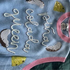 QUEEN OF SPARKLES Pina Colada Light Blue Knit Sweater Vest with Pink Trim